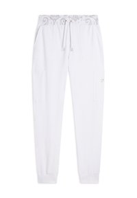Pantalones de chándal blancos con una cinturilla decorativa de patrón gris, puños elásticos y múltiples bolsillos. Cierre con cordón y detalles en dorado.