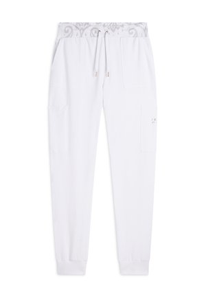 Pantaloni della tuta bianchi con una cintura decorativa grigia a motivo, polsini elastici e diverse tasche. Chiusura con cordoncino e dettagli dorati.