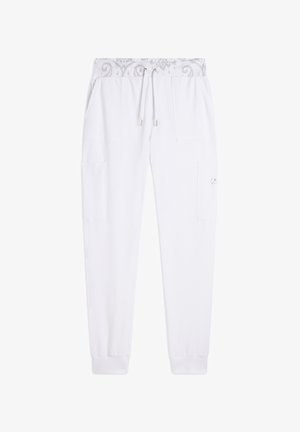 Pantaloni della tuta bianchi con una cintura decorativa grigia a motivo, polsini elastici e diverse tasche. Chiusura con cordoncino e dettagli dorati.