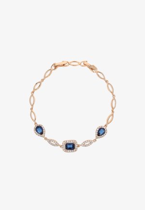 Rózsaarany karkötő, amely ovális és csepp alakú formákkal rendelkezik, zafír kövekkel díszítve és apró tiszta kristályokkal körülvéve.