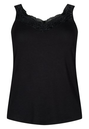 Black sleeveless top with a lace trim neckline, made from soft fabric, featuring a flared cut and a smooth texture.