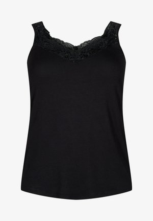 Top negro sin mangas con un escote de encaje, hecho de una tela suave, que presenta un corte acampanado y una textura lisa.