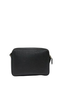 Borsa nera sintetica con zip, superficie testurizzata, forma rettangolare e dettagli in metallo dorato. Bordo liscio e design minimale.