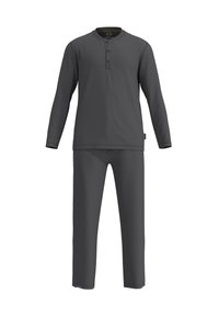 Maglietta grigia a maniche lunghe con design a collo buttoned henley, abbinata a pantaloni grigi coordinati. Realizzata in tessuto morbido e elastico.