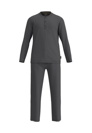 Chemise grise à manches longues avec un col henley à boutons, associée à un pantalon gris assorti. Fabriqué à partir d'un tissu lisse et extensible.