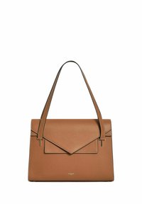 Borsa a tracolla in pelle marrone dal design strutturato, con una patta in stile busta, due manici superiori e dettagli di cucitura a contrasto.