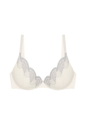 Lace-trimmed bra featuring a light beige base with gray scalloped detailing, thin adjustable straps, and a smooth textured finish.