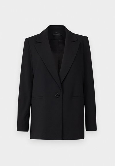 Black blazer with a single button closure, peak lapels, and two side pockets. Made of smooth fabric with a tailored fit.