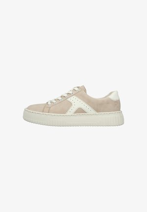 Low-top beige sneaker with white thick sole, white lace-up, perforated white side detail, and padded heel collar.