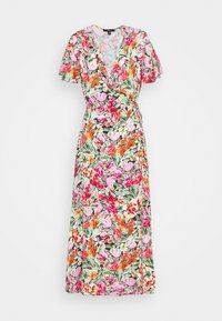 Robe portefeuille fleurie avec des fleurs roses, rouges et orange, des feuilles vertes, des manches courtes volantes et un décolleté en V.