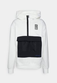 Sudadera con capucha en blanco y negro, que presenta un cierre frontal, un gran bolsillo en el pecho con panel de malla y detalles de logotipo bordados.