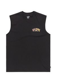 Black sleeveless t-shirt made of cotton, featuring a colorful logo on the front. Smooth texture, regular fit, and rounded neck.