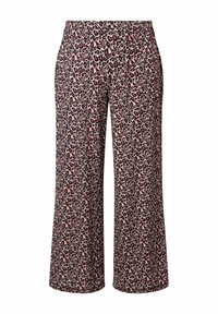Breda benbyxor med elastisk midja i rosa och svart leopardmönster på vit bakgrund.
