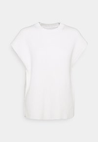 Biała, prążkowana bluzka z okrągłym dekoltem, krótkimi rękawami i bocznymi rozporkami dla swobody ruchów. Gładka faktura i luźny krój.