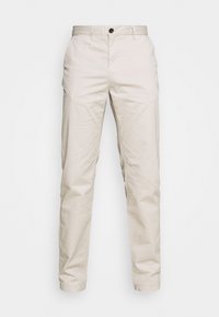 Beige chinos gemaakt van katoenstof, met een knoopsluiting, twee voorzakken en een rechte pasvorm. Gladde textuur, geen patronen.