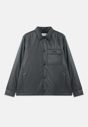 Dark gray, lightweight, button-up jacket with a point collar, long sleeves, and a single chest pocket. Smooth, shiny fabric with minimal hardware.