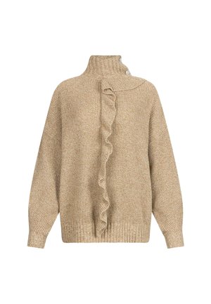 Maglione beige lavorato a maglia con collo alto e dettaglio arricciato sul davanti. La texture è morbida, con polsini e orlo a coste.