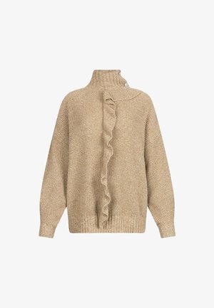 Beige kudumütsiga sviiter kõrge kaelusega ja ees nööpidega detailiga. Tekstuur on pehme, ribakujulised varrukalõpud ja äär.