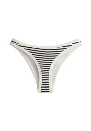 Slip cu dungi alb-negru, cu un design cu talie joasă și o bandă elastică la brâu. Fabricat dintr-un material texturat cu margini contrastante.