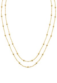 Goldkette mit drei verdrehten Strängen, die entlang der Länge gleichmäßig verteilte runde Perlen aufweist. Die Oberfläche ist glatt und glänzend.