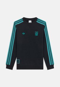 Felpa nera con tre strisce turchesi lungo le maniche. Presenta loghi ricamati: trifoglio Adidas e crest di Liverpool.