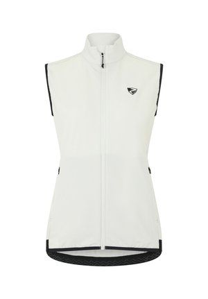 Weißes ärmelloses Weste mit Reißverschluss und hohem Kragen, schwarzer Einfassung, kleinem Logo auf der Brust und seitlichen Reißverschlusstaschen.