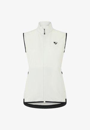 Weißes ärmelloses Weste mit Reißverschluss und hohem Kragen, schwarzer Einfassung, kleinem Logo auf der Brust und seitlichen Reißverschlusstaschen.