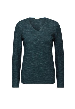Ciemnoturkusowy sweter z długim rękawem i dekoltem w serek, o subtelnym poziomym prążkowanym fakturze i centralnym pionowym szwie na przodzie.