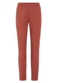 Rust-colored tailored trousers featuring a slim fit, smooth texture, belt loops, and side pockets, made from a lightweight fabric.