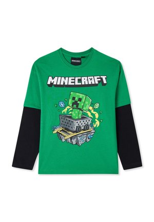 Zielona i czarna koszulka Minecraft z długim rękawem z postacią Creepera w wagoniku kopalnianym oraz logo Minecraft na piersi.