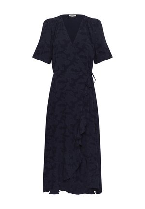 Robe portefeuille bleu marine à manches courtes, col en V, motif floral subtil, ceinture à la taille et ourlet volanté, longueur midi.