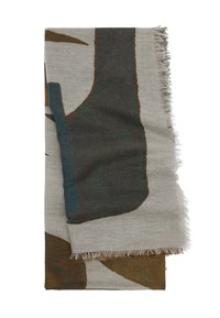 Woven scarf with abstract patterns in subdued greens, browns, and grays; soft texture with fringed edges. Rectangular shape.