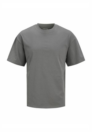 Grå bomulds t-shirt med korte ærmer, rund halsudskæring og lige kant. Glat tekstur, minimalistisk design og ingen synlige mønstre eller accenter.