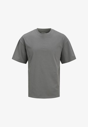 Sivý bavlnený tričko s krátkymi rukávmi, okrúhlym výstrihom a rovným lemom. Hladký povrch, minimalistický dizajn a žiadne viditeľné vzory ani akcenty.