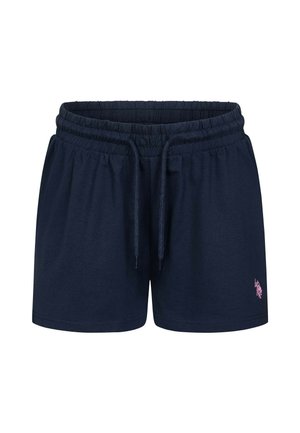Navy blue athletic shorts with elastic waistband, drawstring, and small pink logo on lower right leg.