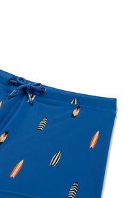 Mėlynos maudymosi šortai, pagaminti iš lygaus audinio su oranžinės, juodos ir grietinėlės spalvų banglenčių raštu. Turi raištelį juosmenyje.
