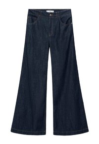 Wijd-gesneden jeans in donkerblauwe denim, met een hoge taille, vijf zakken en contrasterende stiksels langs de naden. Glad van structuur.