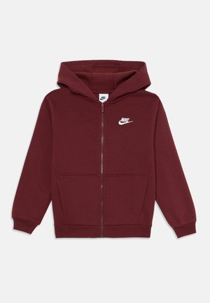 Bordeaux zip-up hoodie van zachte stof, met een frontzak, geribbelde manchetten en een wit Nike-logo op de linkerborst. Met capuchon.