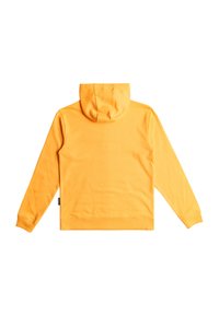 Sudadera amarilla con capucha, hecha de tejido suave, con mangas largas y puños acanalados. Textura lisa y diseño sencillo.