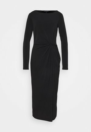Robe midi noire à manches longues avec encolure ronde et détail drapé asymétrique froncé à la taille.