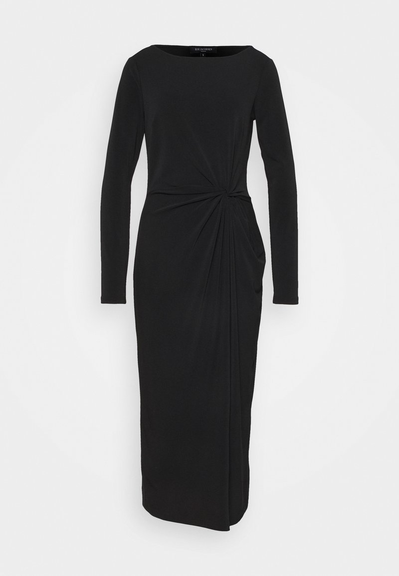 Robe midi noire à manches longues avec encolure ronde et détail drapé asymétrique froncé à la taille.