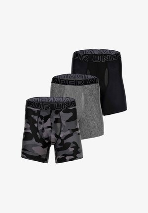 Three pairs of men's boxer briefs in black, gray, and black camo patterns, featuring elastic waistbands with "UNDER ARMOUR" branding.