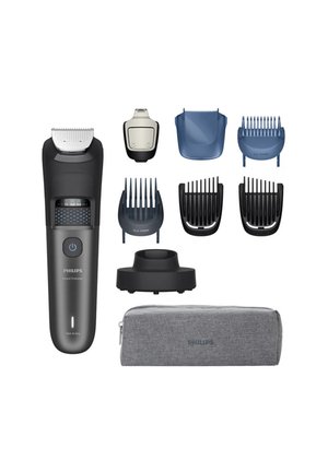 Rasoio per barba Philips con corpo nero e grigio, multiple teste di taglio, un dock di ricarica e una borsa di stoffa grigia per il trasporto.