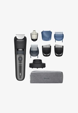 Philips Barttrimmer mit schwarzem und grauem Gehäuse, mehreren Aufsatzkämmen, einer Ladestation und einem grauen Stoffbeutel zur Aufbewahrung.