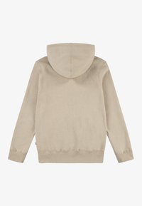 Felpa beige con cappuccio, maniche lunghe, polsini e orlo a costine. Presenta una texture liscia e dettagli di cucitura minimi.