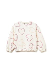 Sudadera blanca de manga larga, con dobladillo elástico y estampados de corazones rosas. Tejido suave con cuello redondo y puños fruncidos.