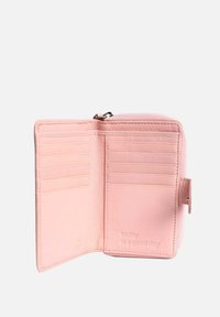Pink leather wallet with multiple card slots, a zip closure, and embossed text reading "today is a good day" on the interior.