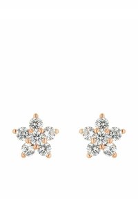 Ett par guldstjärnformade örhängen, var och en prydd med sex runda klara ädelstenar.