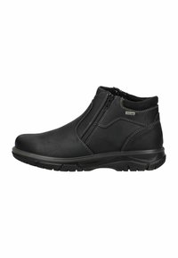Schwarze Knöchelstiefel aus glattem Leder, ausgestattet mit doppelten seitlichen Reißverschlüssen, gepolstertem Kragen und strukturierten Gummisohlen für besseren Halt.