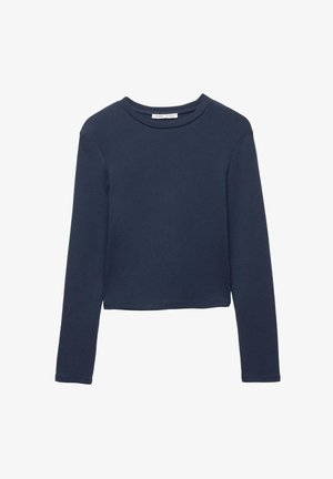 Maglietta cropped a maniche lunghe blu scuro con collo a giro, esposta piatta su uno sfondo bianco.